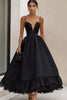 Load image into Gallery viewer, Black Ruffled Satin A Line Long Formal Dress with Appliques