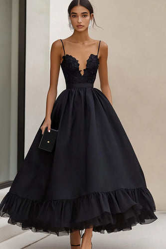 Black Ruffled Satin A Line Long Formal Dress with Appliques