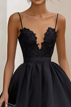 Black Ruffled Satin A Line Long Formal Dress with Appliques