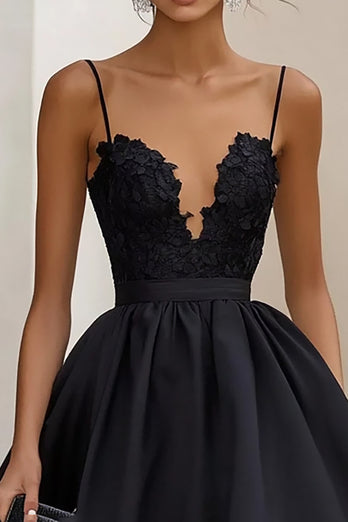 Black Ruffled Satin A Line Long Formal Dress with Appliques