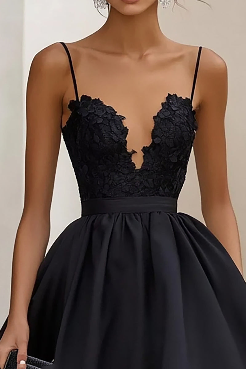 Load image into Gallery viewer, Black Ruffled Satin A Line Long Formal Dress with Appliques