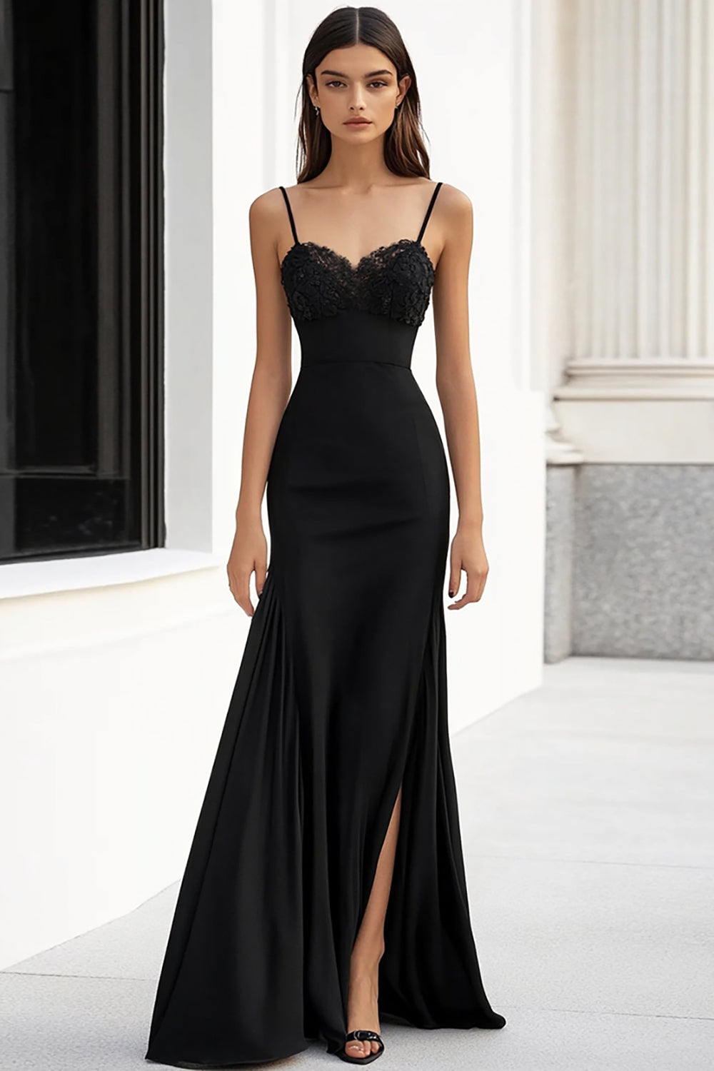 Black Satin Sheath Long Formal Dress with Appliques