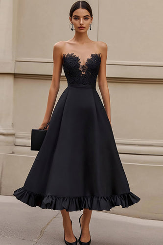 Black Satin Ruffled A Line Long Formal Dress with Appliques