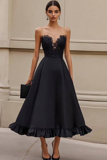 Black Satin Ruffled A Line Long Formal Dress with Appliques