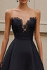 Load image into Gallery viewer, Black Satin Ruffled A Line Long Formal Dress with Appliques