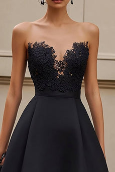Black Satin Ruffled A Line Long Formal Dress with Appliques