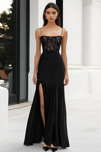 Black Sheath Spaghetti Straps Long Formal Dress with Appliques