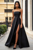 Load image into Gallery viewer, Black Satin Spaghetti Straps A Line Long Formal Dress with Slit