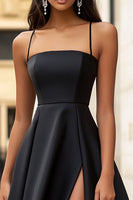 Load image into Gallery viewer, Black Satin Spaghetti Straps A Line Long Formal Dress with Slit