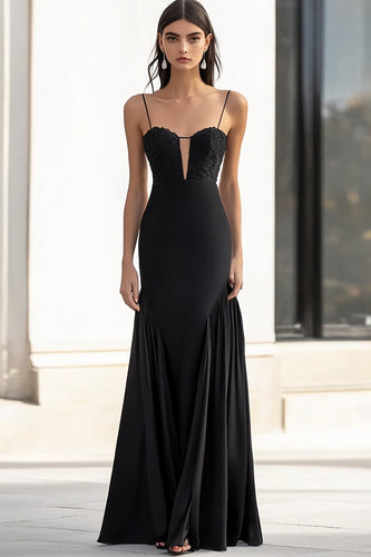 Black Sheath Spaghetti Straps Long Formal Dress with Appliques