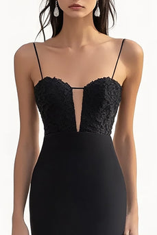 Black Sheath Spaghetti Straps Long Formal Dress with Appliques