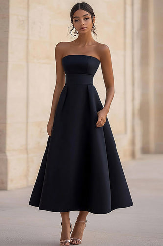 Black A Line Strapless Satin Long Formal Dress