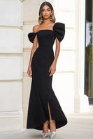 Load image into Gallery viewer, Black Satin Off the Shoulder Long Formal Dress with Slit