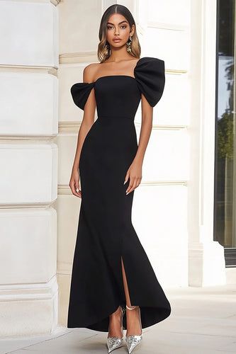 Black Satin Off the Shoulder Long Formal Dress with Slit
