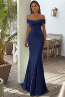 Load image into Gallery viewer, Navy Off the Shoulder Satin Ruched Mermaid Long Formal Dress