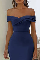 Load image into Gallery viewer, Navy Off the Shoulder Satin Ruched Mermaid Long Formal Dress