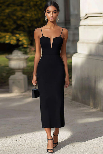Black Sheath Satin Spaghetti Straps Long Formal Dress
