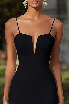 Black Sheath Satin Spaghetti Straps Long Formal Dress
