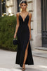 Load image into Gallery viewer, Black V-Neck Satin Sheath Long Formal Dress with Slit