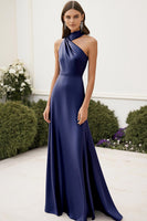 Load image into Gallery viewer, Navy Halter A Line Satin Ruched Long Formal Dress