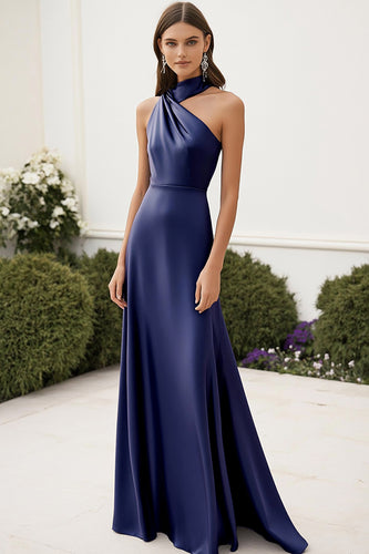 Navy Halter A Line Satin Ruched Long Formal Dress