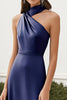 Load image into Gallery viewer, Navy Halter A Line Satin Ruched Long Formal Dress