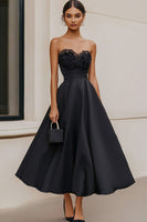 Load image into Gallery viewer, Black StraplessSatin A Line Long Formal Dress with Lace
