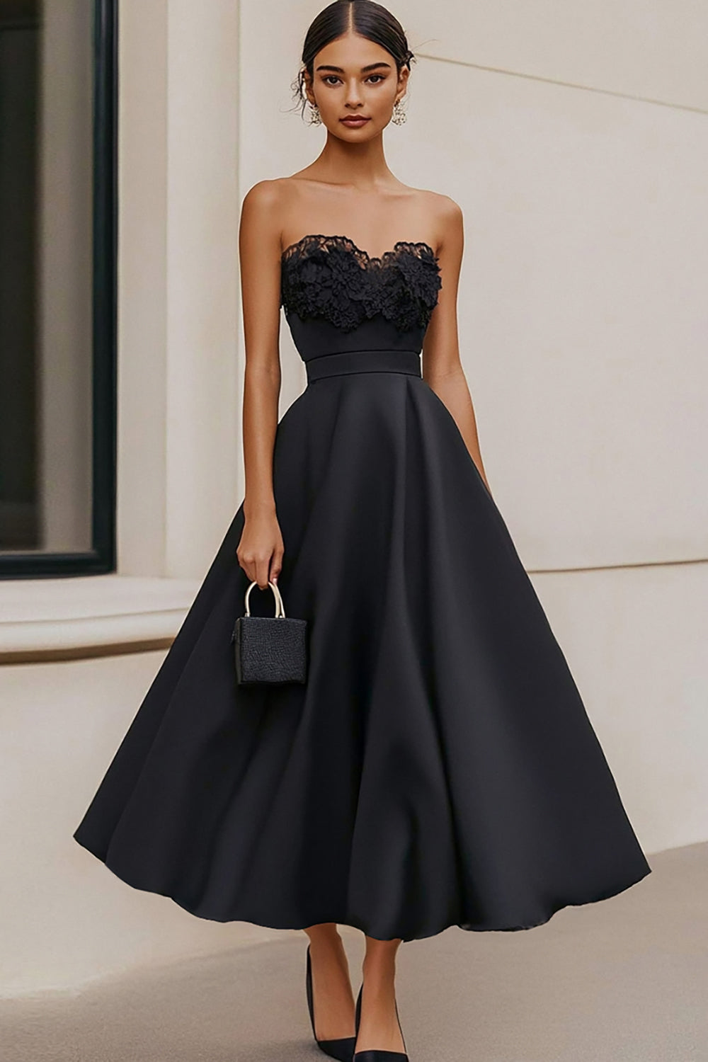 Black StraplessSatin A Line Long Formal Dress with Lace