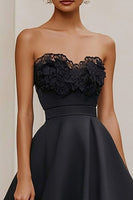 Load image into Gallery viewer, Black StraplessSatin A Line Long Formal Dress with Lace