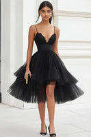 Load image into Gallery viewer, Black Tulle Tiered High-Low A Line Graduation Dress