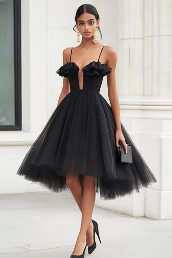 Black A Line Tulle Short Graduation Dress with Ruffles