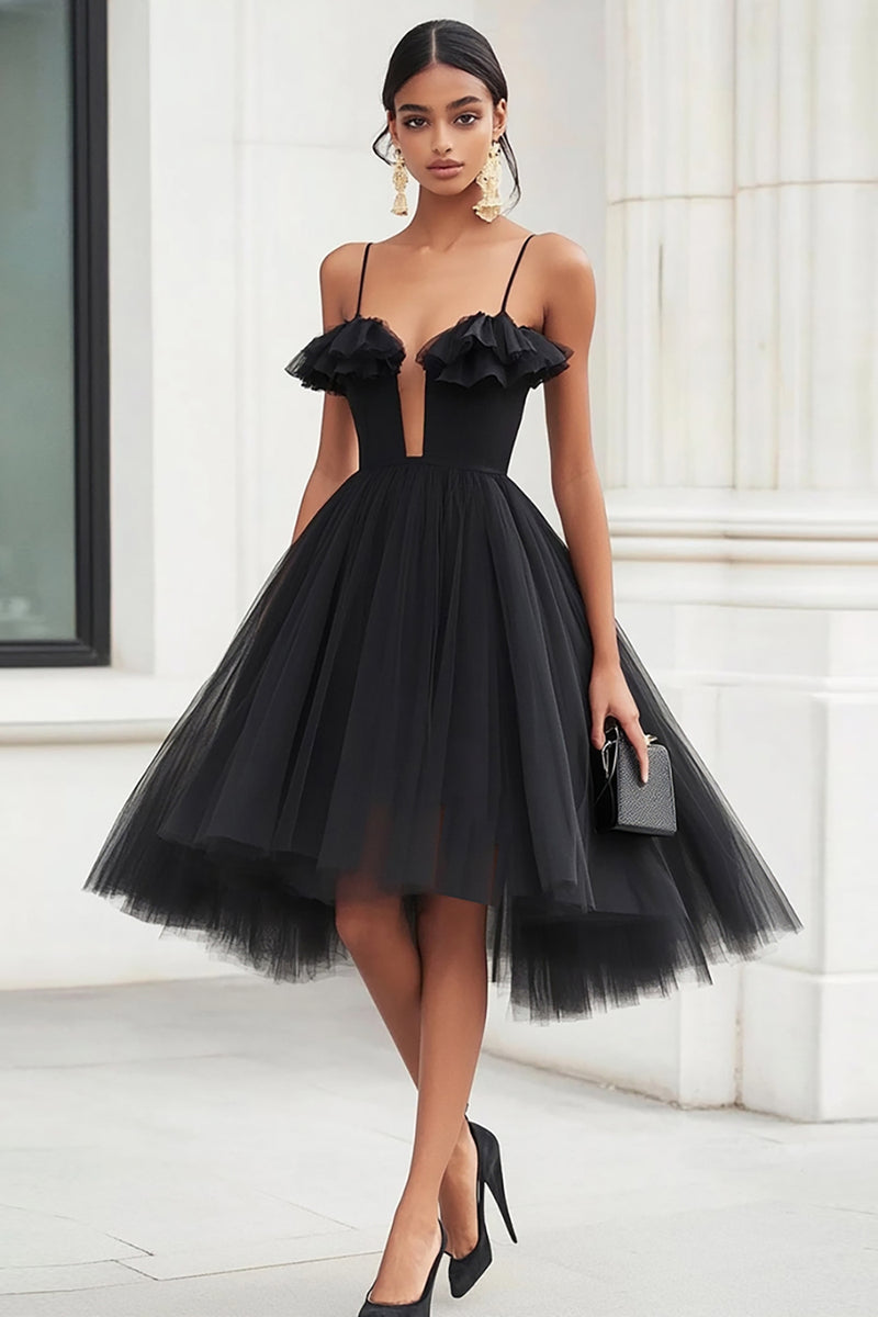 Load image into Gallery viewer, Black A Line Tulle Short Graduation Dress with Ruffles
