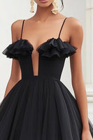 Load image into Gallery viewer, Black A Line Tulle Short Graduation Dress with Ruffles