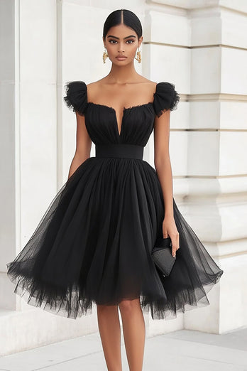 Black A Line Tulle Short Graduation Dress with Ruffles