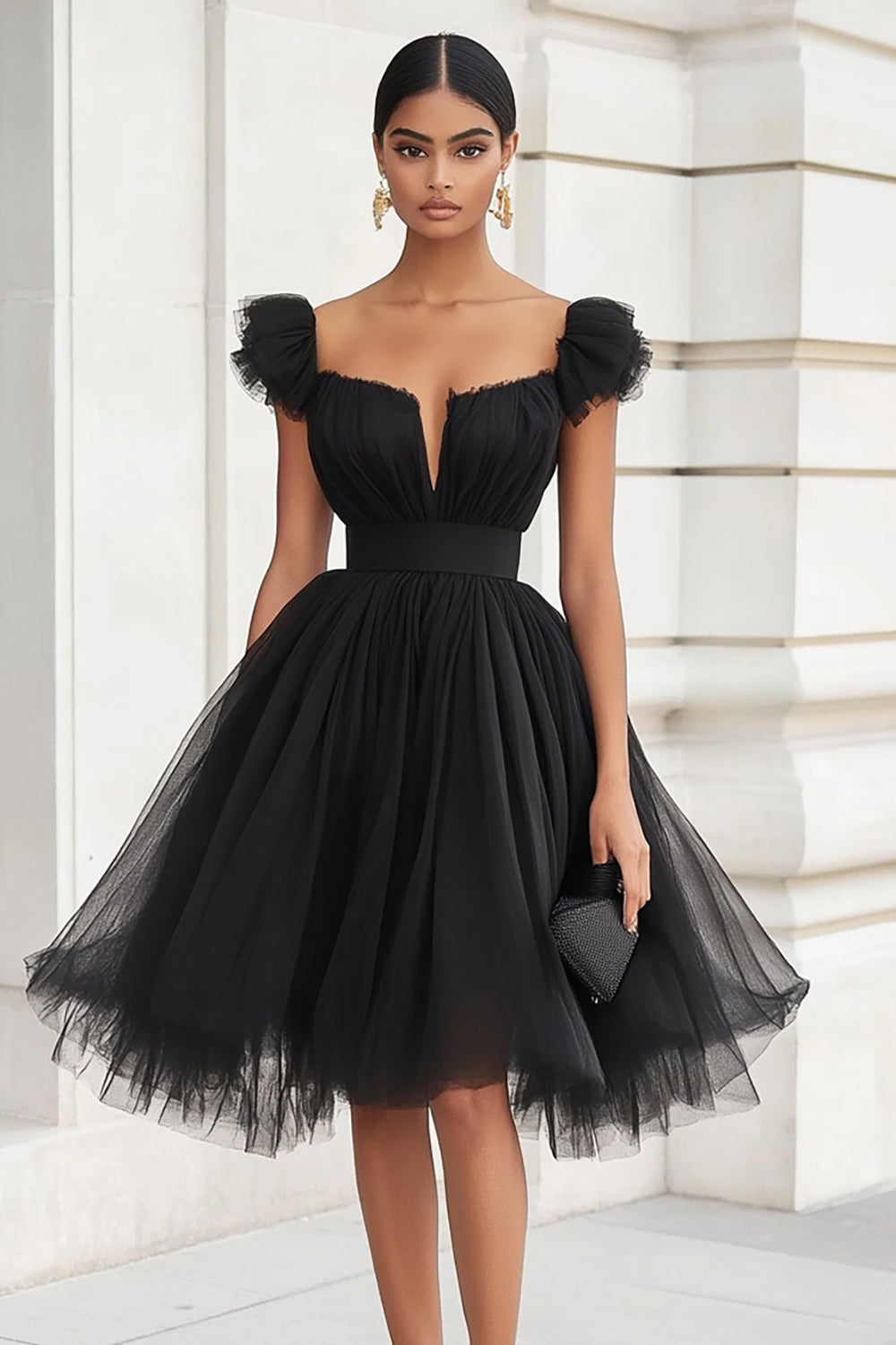 Black A Line Tulle Short Graduation Dress with Ruffles