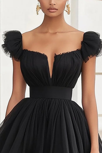 Black A Line Tulle Short Graduation Dress with Ruffles