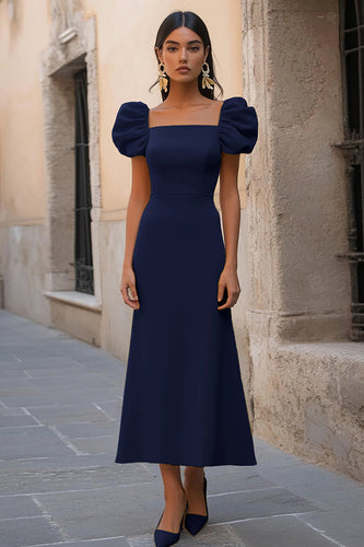 Navy A Line Satin Square Neck Long Formal Dress