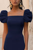 Load image into Gallery viewer, Navy A Line Satin Square Neck Long Formal Dress