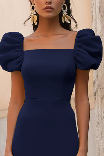 Navy A Line Satin Square Neck Long Formal Dress