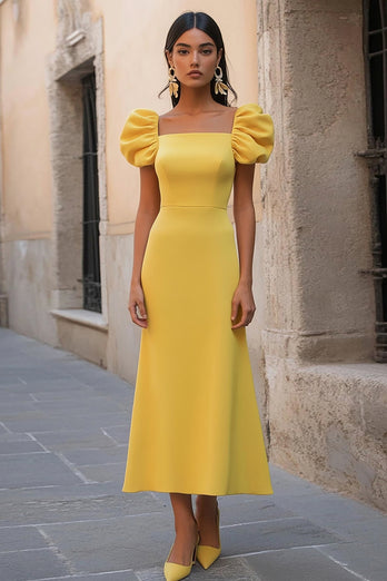 Navy A Line Satin Square Neck Long Formal Dress