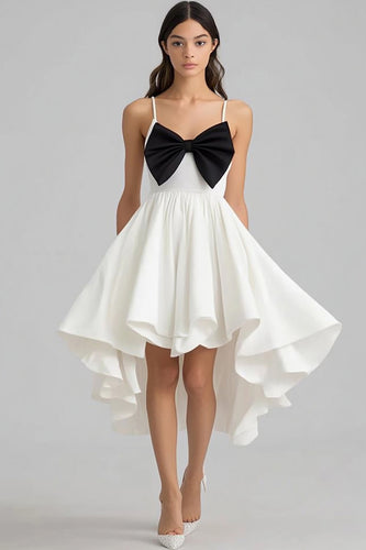 White and Black High-Low Graduation Dress with Bow