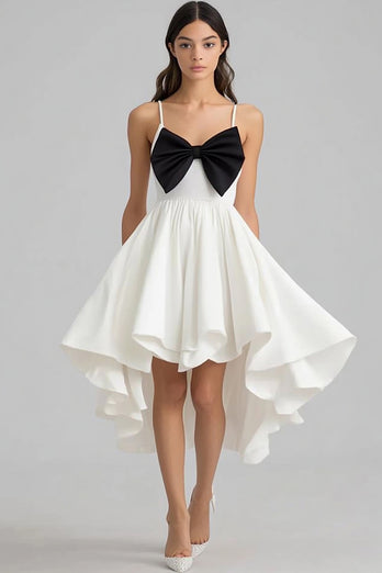 White and Black High-Low Graduation Dress with Bow