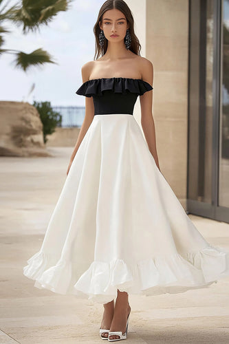 Black and White A Line Long Formal Dress with Ruffles
