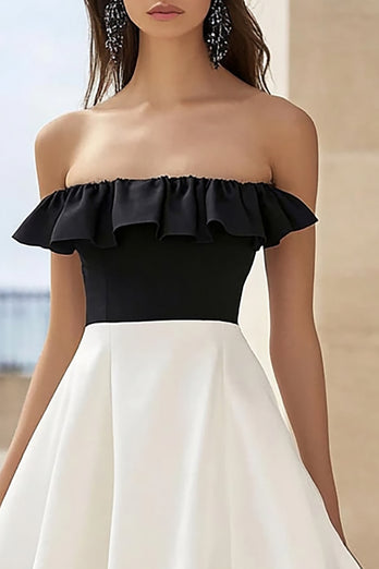 Black and White A Line Long Formal Dress with Ruffles