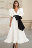 Load image into Gallery viewer, White and Black Satin A Line Long Formal Dress with Ruffles