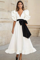 Load image into Gallery viewer, White and Black Satin A Line Long Formal Dress with Ruffles