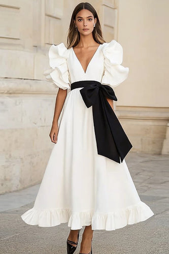 White and Black Satin A Line Long Formal Dress with Ruffles