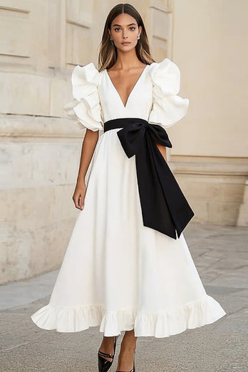 White and Black Satin A Line Long Formal Dress with Ruffles