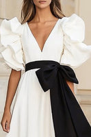 Load image into Gallery viewer, White and Black Satin A Line Long Formal Dress with Ruffles