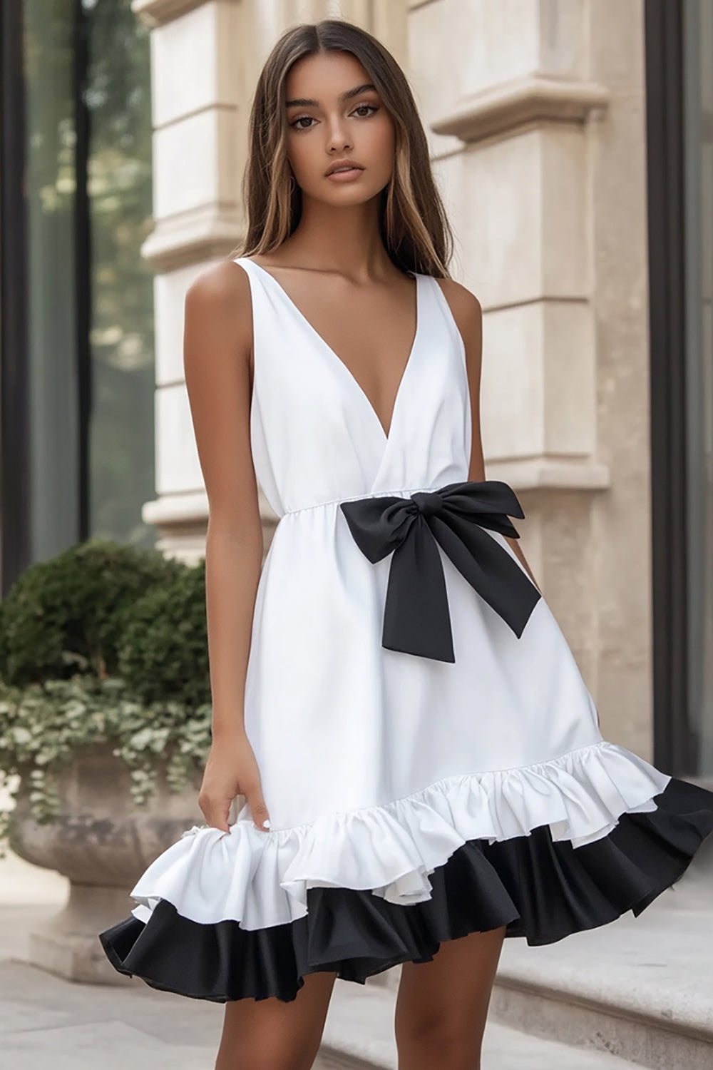 White and Black A Line V-Neck Short Graduation Dress with Ruffles